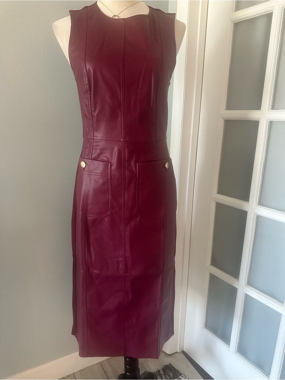 Michael Kors Wine Faux-Leather Midi Sheath Dress